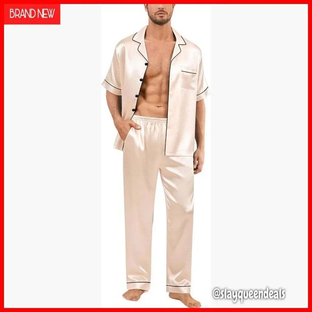Men's Silk Satin Pajama Set Short Sleeve Sleepwear Lounge with Pockets